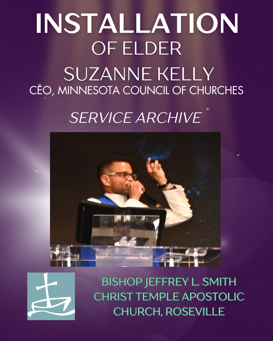 Video title card has purple background, image of a black man preaching