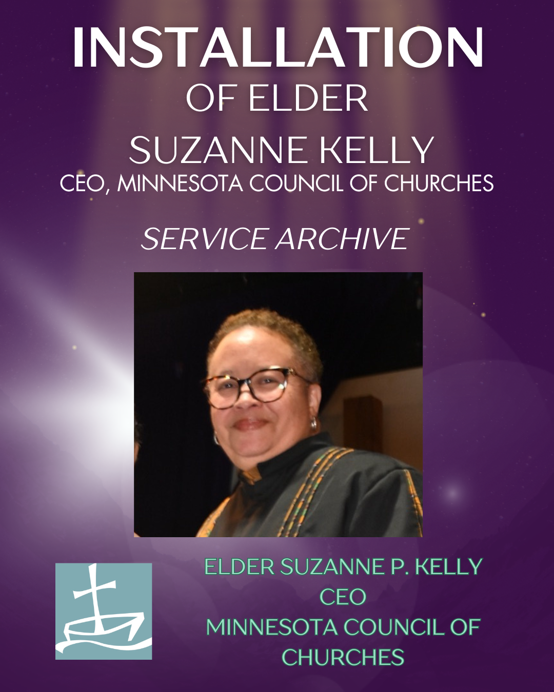 Woman in clergy vestments looks at viewer, smiling