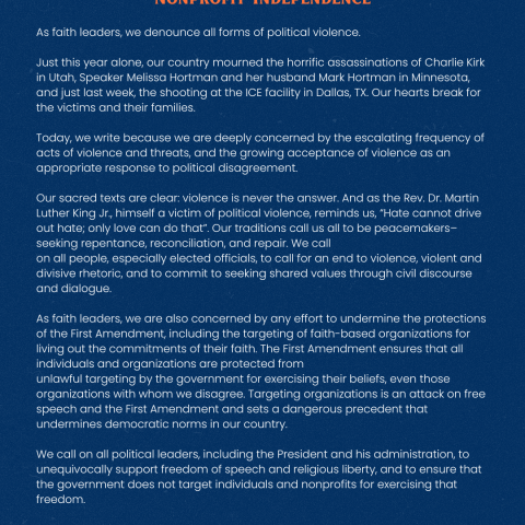 Red heading, white text on blue background is an image of the letter denouncing political violence and supporting free speech