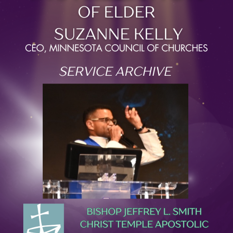 Video title card has purple background, image of a black man preaching