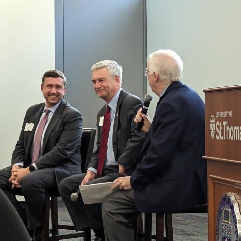 MN DFL head Ken Martin and MN GOP head David Hann sit being interviewed by Braver Angels' Bill Doherty