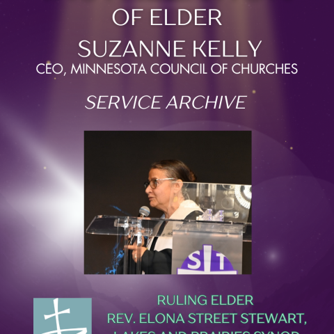 Video title card has purple background; image of a women preaching behind a pulpit looking to her right